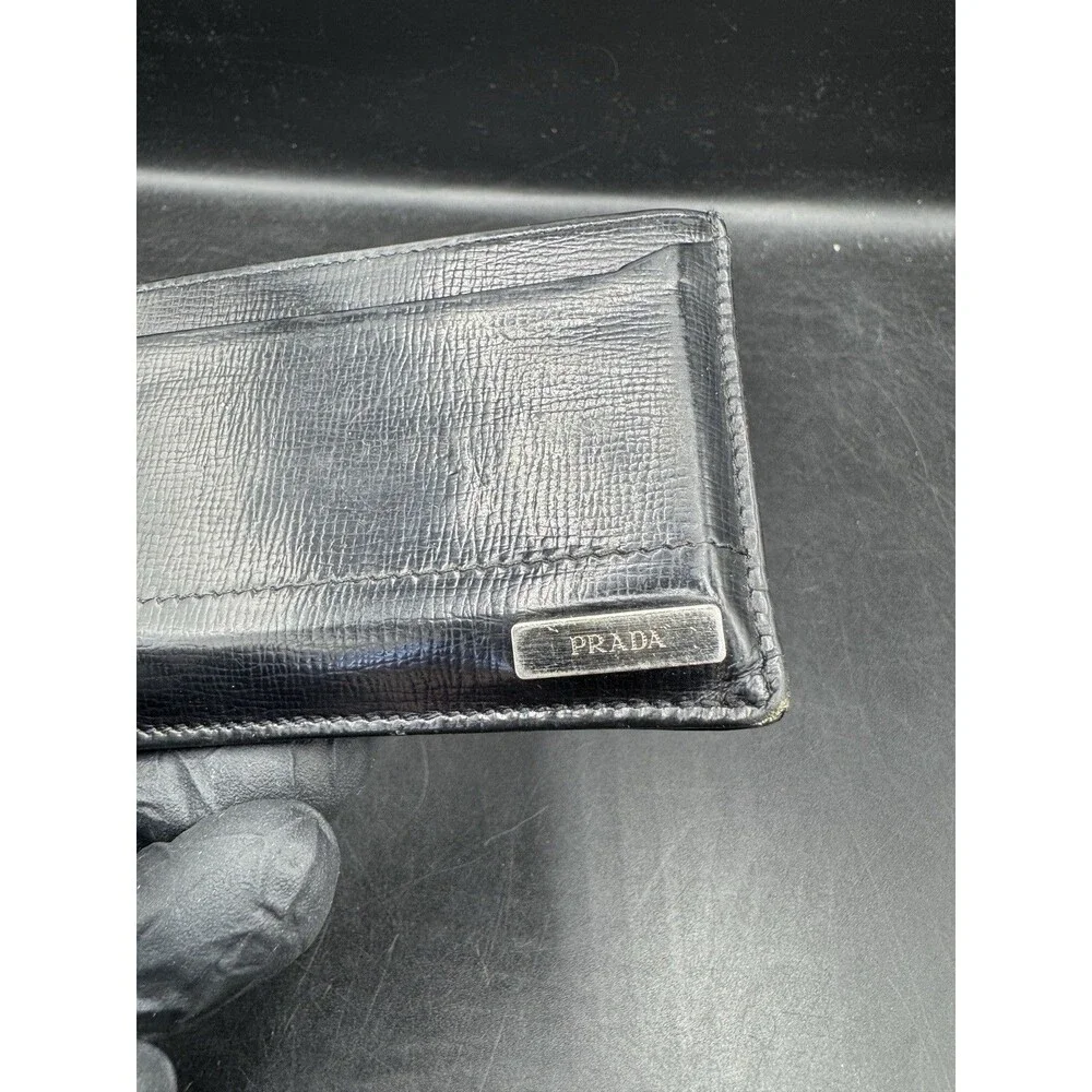 Prada Milano Chrome Plaque Leather Mens Black Card Holder Wallet Authentic